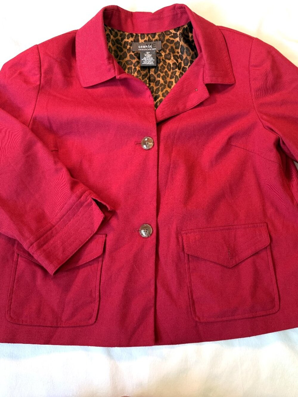 George by Mark Eisen Red Twill Jacket Leopard Lining Size XL